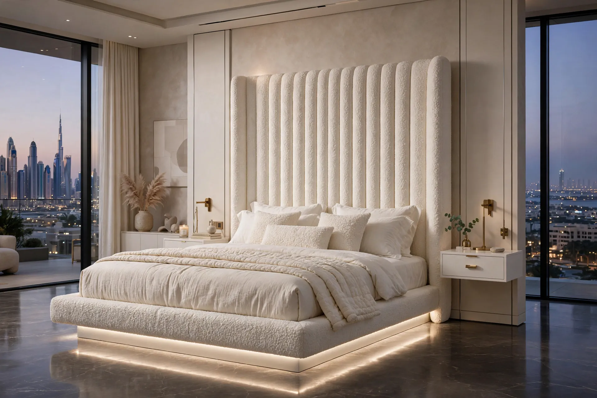 FLOATING BED Pure White Bouclé + Natural Oak Base + Hanging Milk White Brass