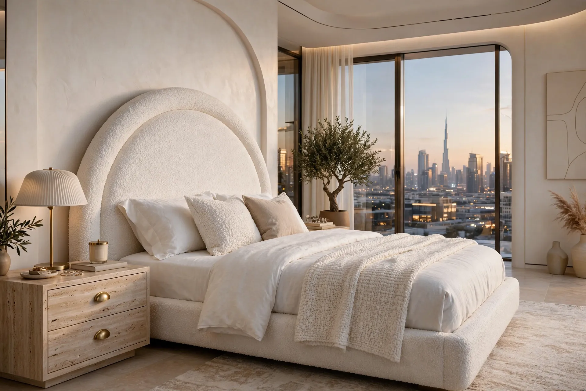 Natural Oak Platform + Warm Greige Upholstered Headboard