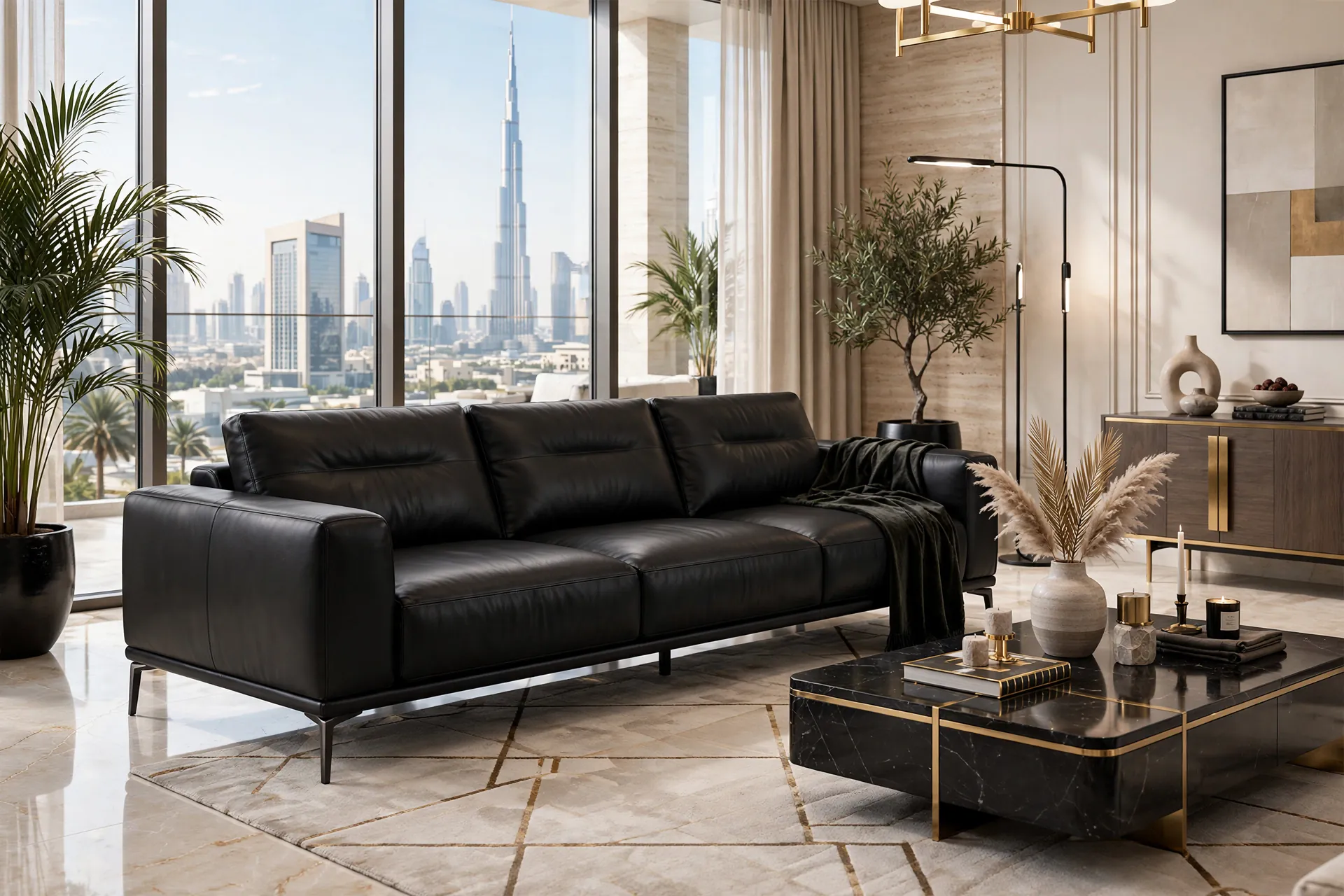 Italian-Style Black Leather 3-Seater Metal Legs Slim Modern Italian