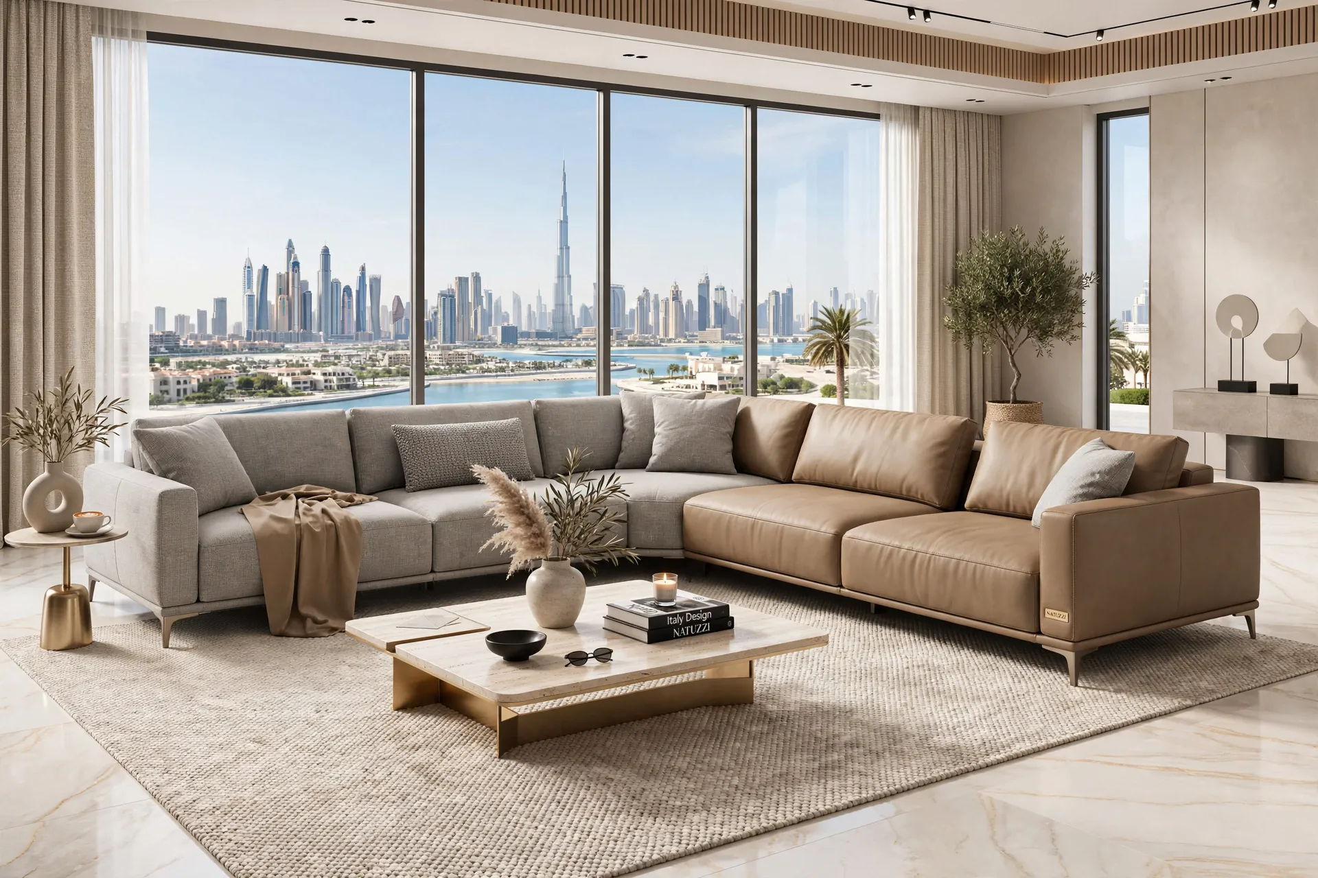 Italian-Style Light Grey Textile + Tan Leather Mix L-Shape Sectional