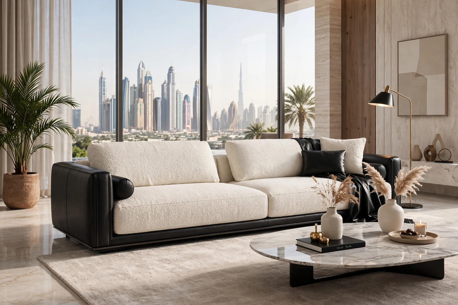 Italian-Style Off-White Bouclé + Black Leather Mix 2-Seater Low Profile