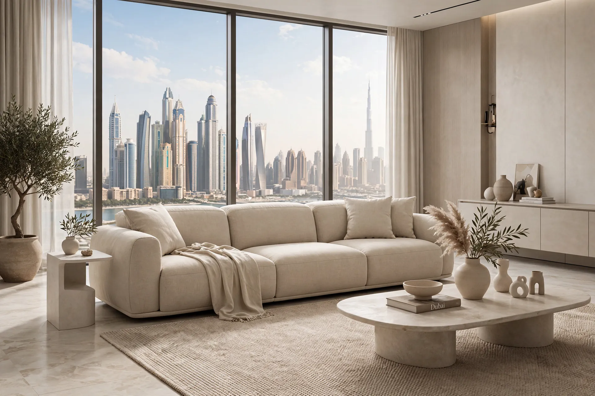 Italian-Style Beige Linen Textile 3-Seater Low Profile Till Down