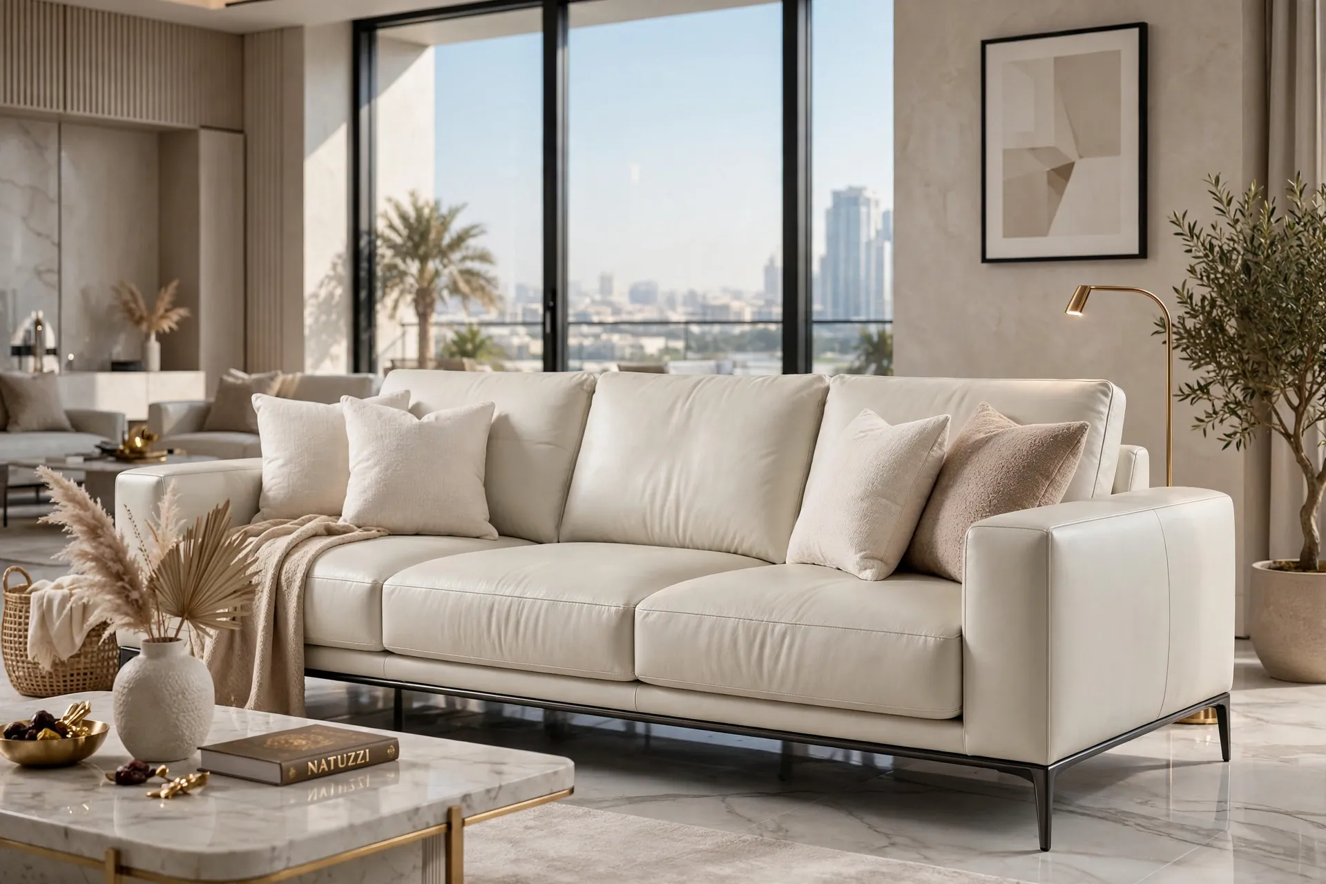 Italian-Style Tan Leather + Off-White Textile Mix 3-Seater Italian Modern