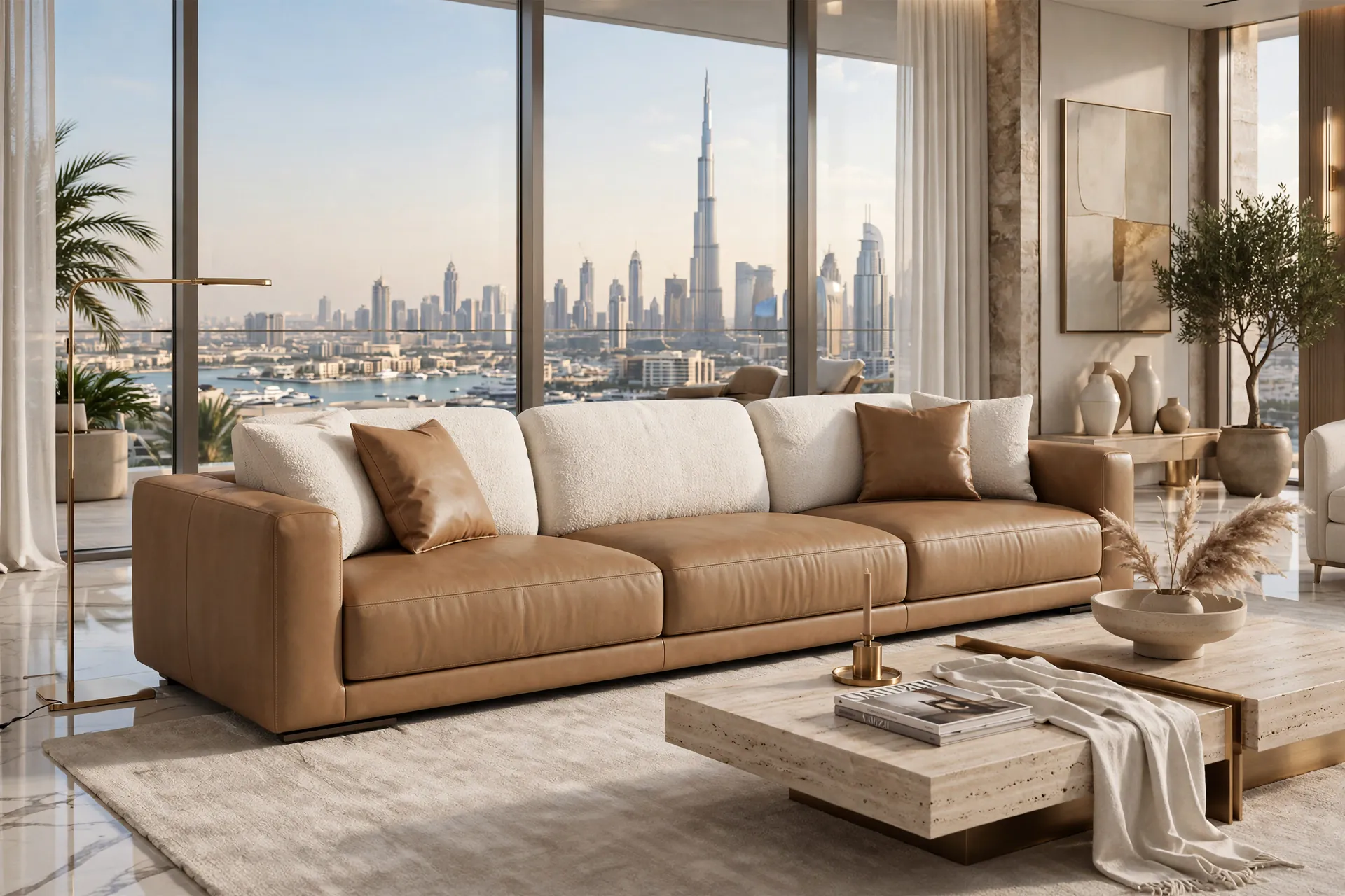 Italian-Style Beige Textile Modular U-Shape Low Profile Till Down