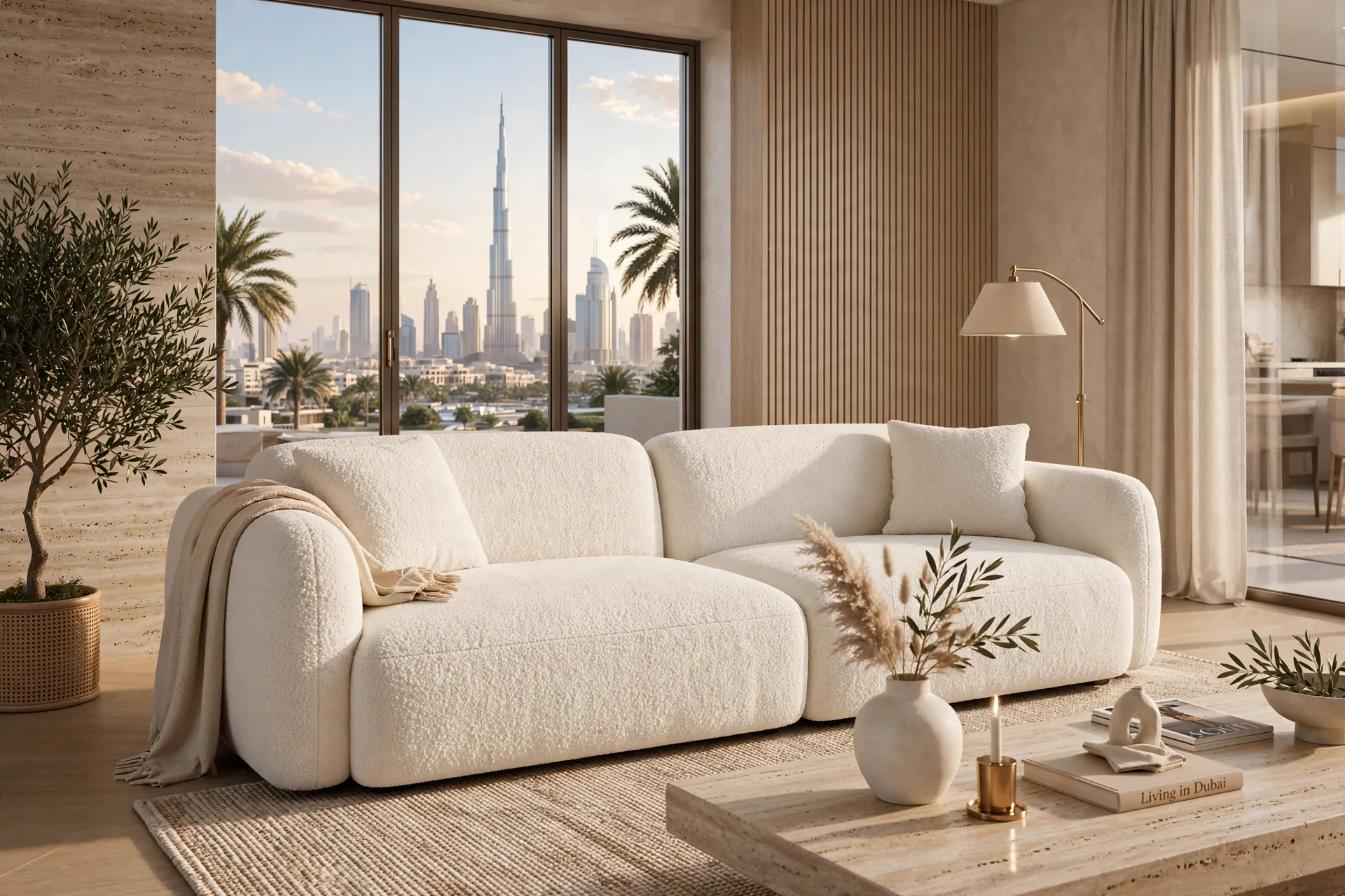 Italian-Style Milk White Bouclé 3-Seater Low Profile Till Down No Wood Legs