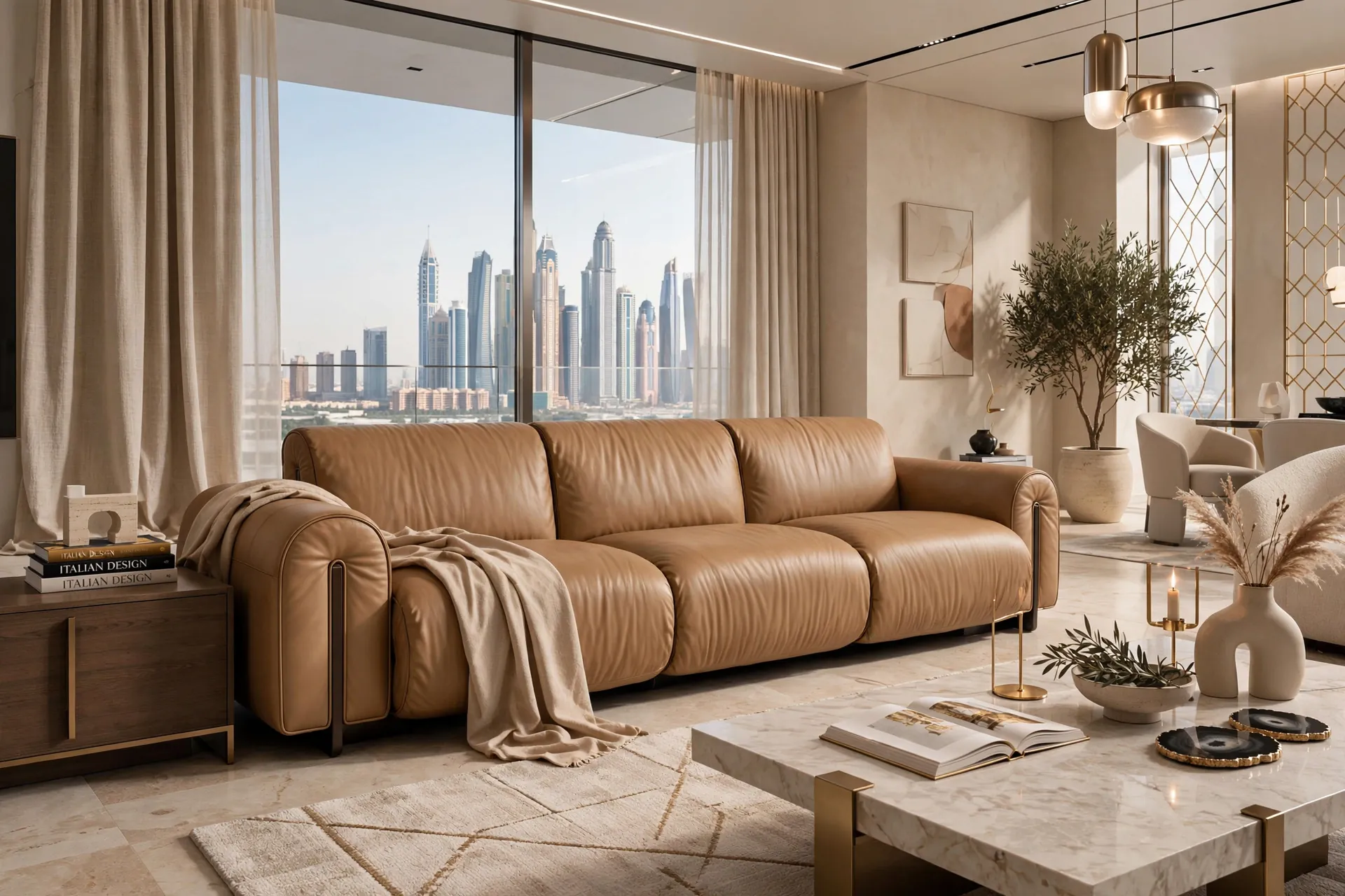 Italian-Style Camel Leather 3-Seater Low Profile Till Down Italian Luxury