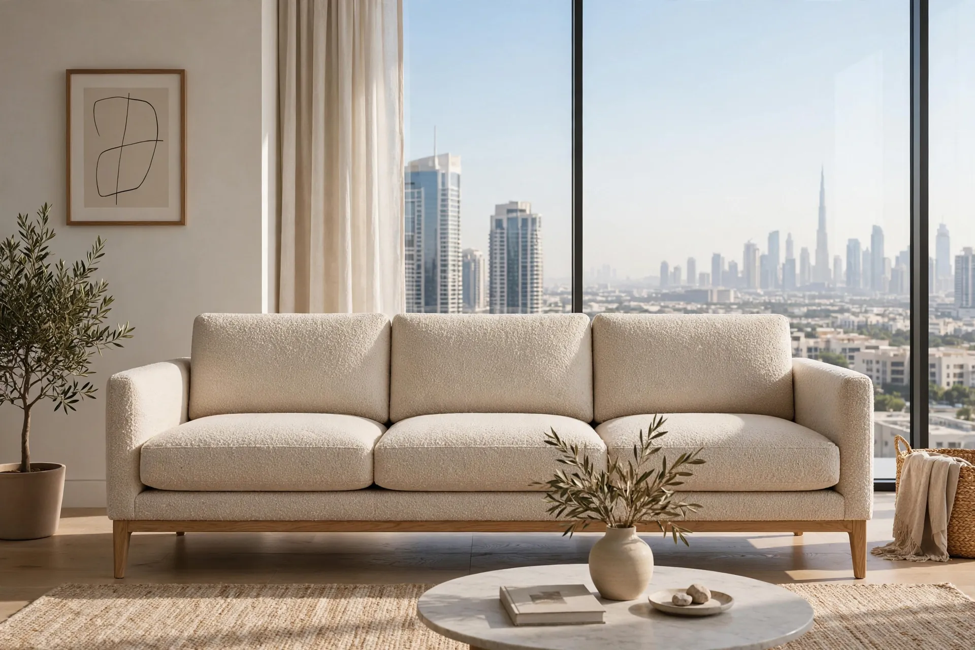 Modern Milk White Bouclé + Black Leather Accents Wood Legs Simple Mix Leather