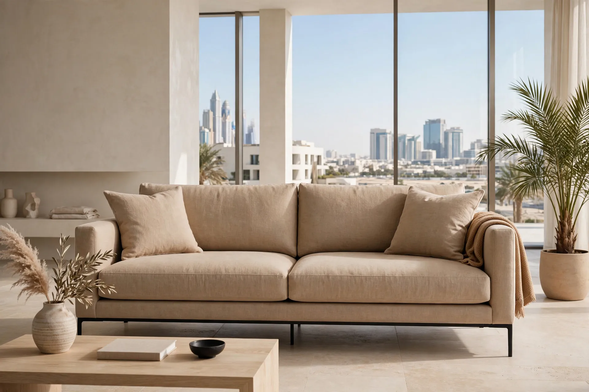 Modern Off-White Leather 2-Seater Wood Legs Simple + Leather