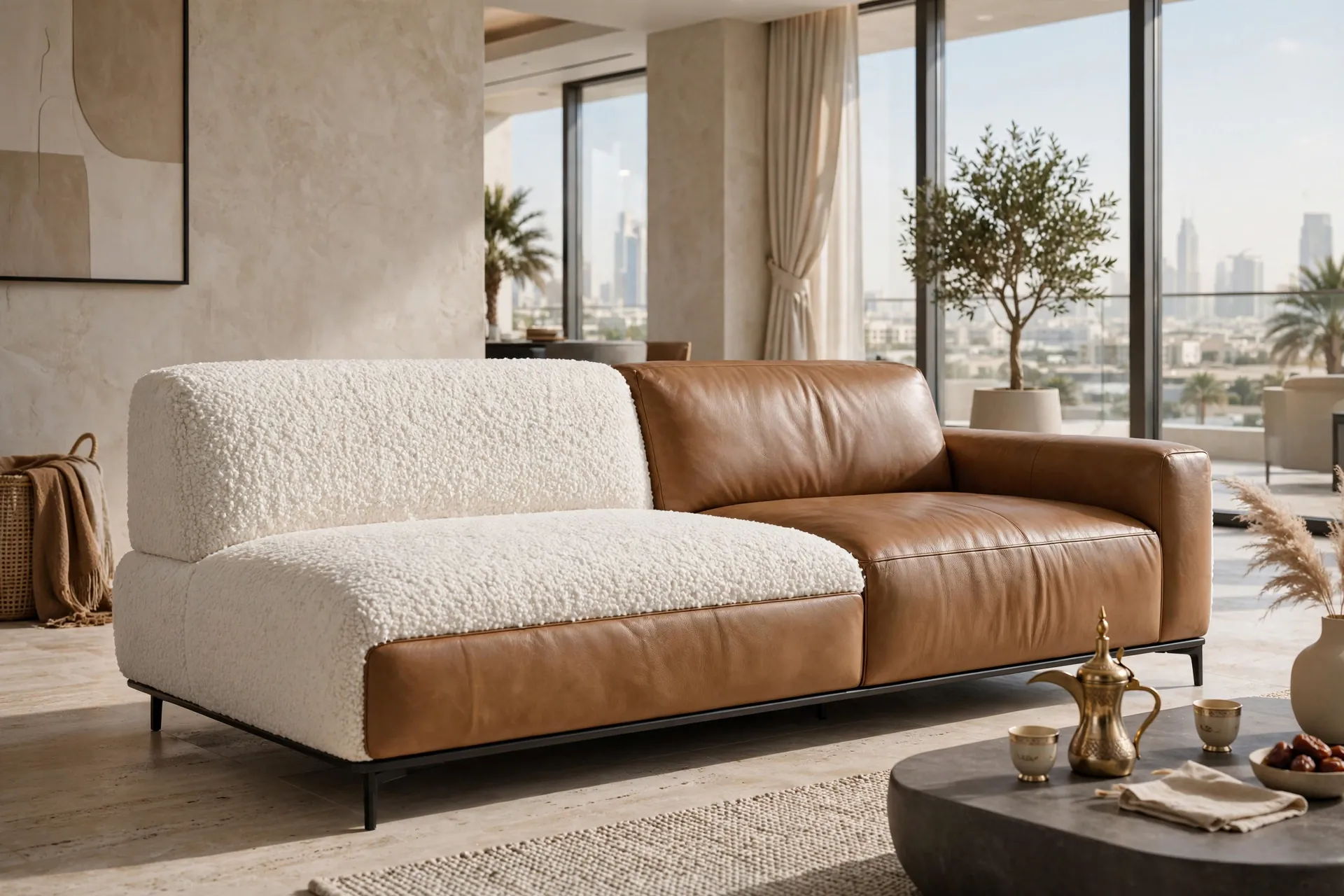 Modern Taupe + Leather Accents L-Shape Modular Wood Legs Simple Mix Leather