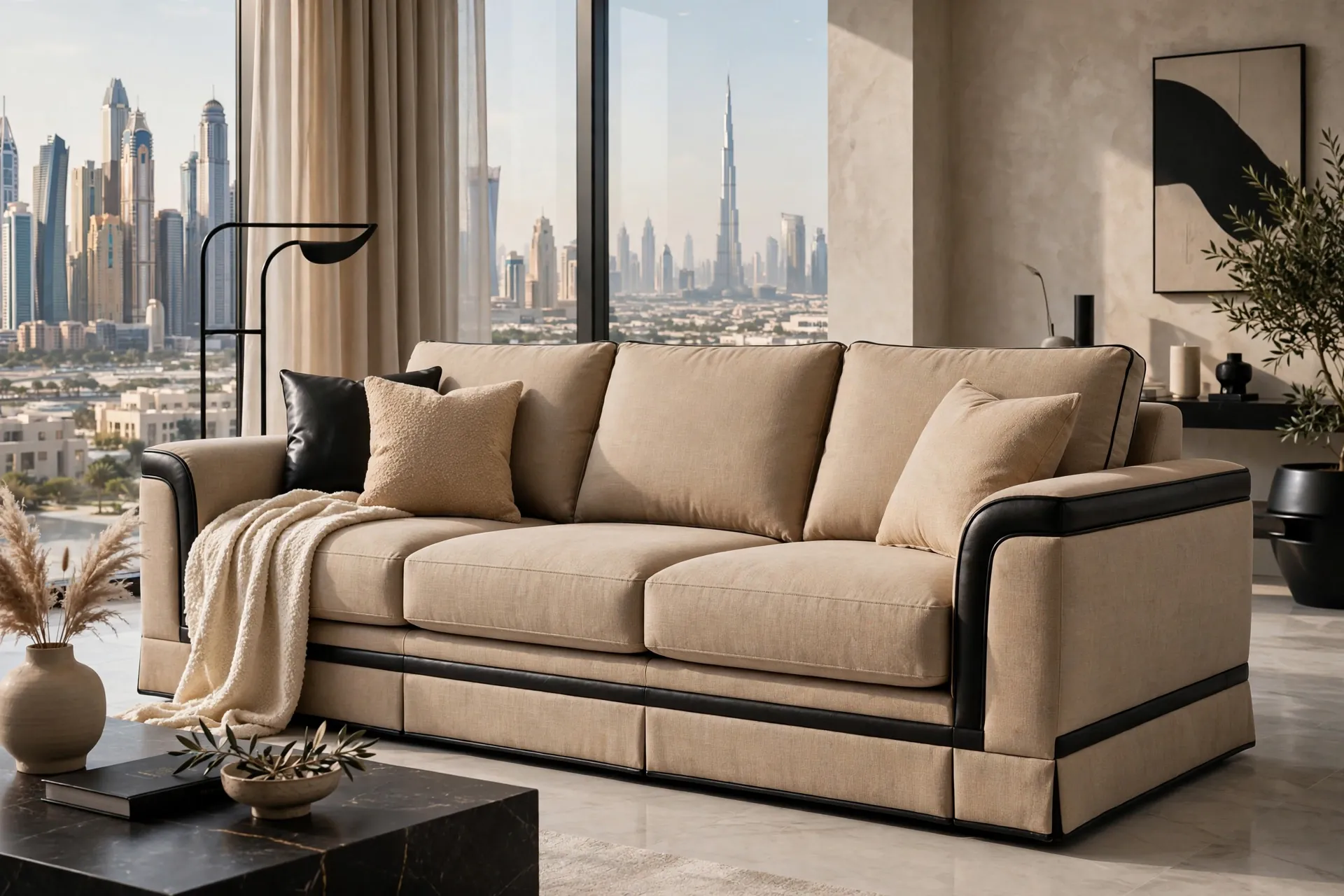 Modern Warm Greige Linen Wood Legs Simple Modern