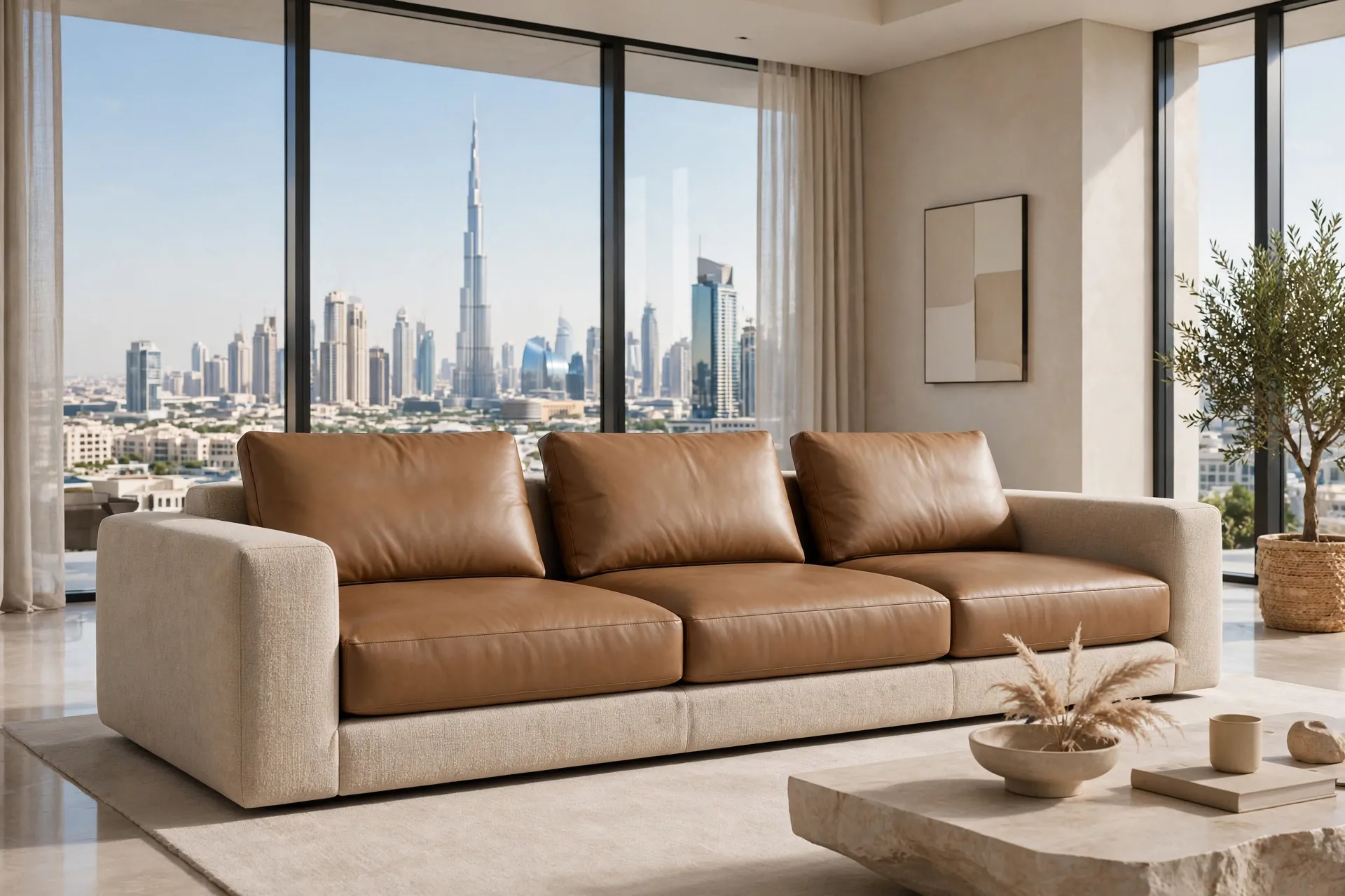 Textile + Leather Modern Tan Leather + Beige Textile Mix Till Down No Wood Legs Hidden Base Low Profile