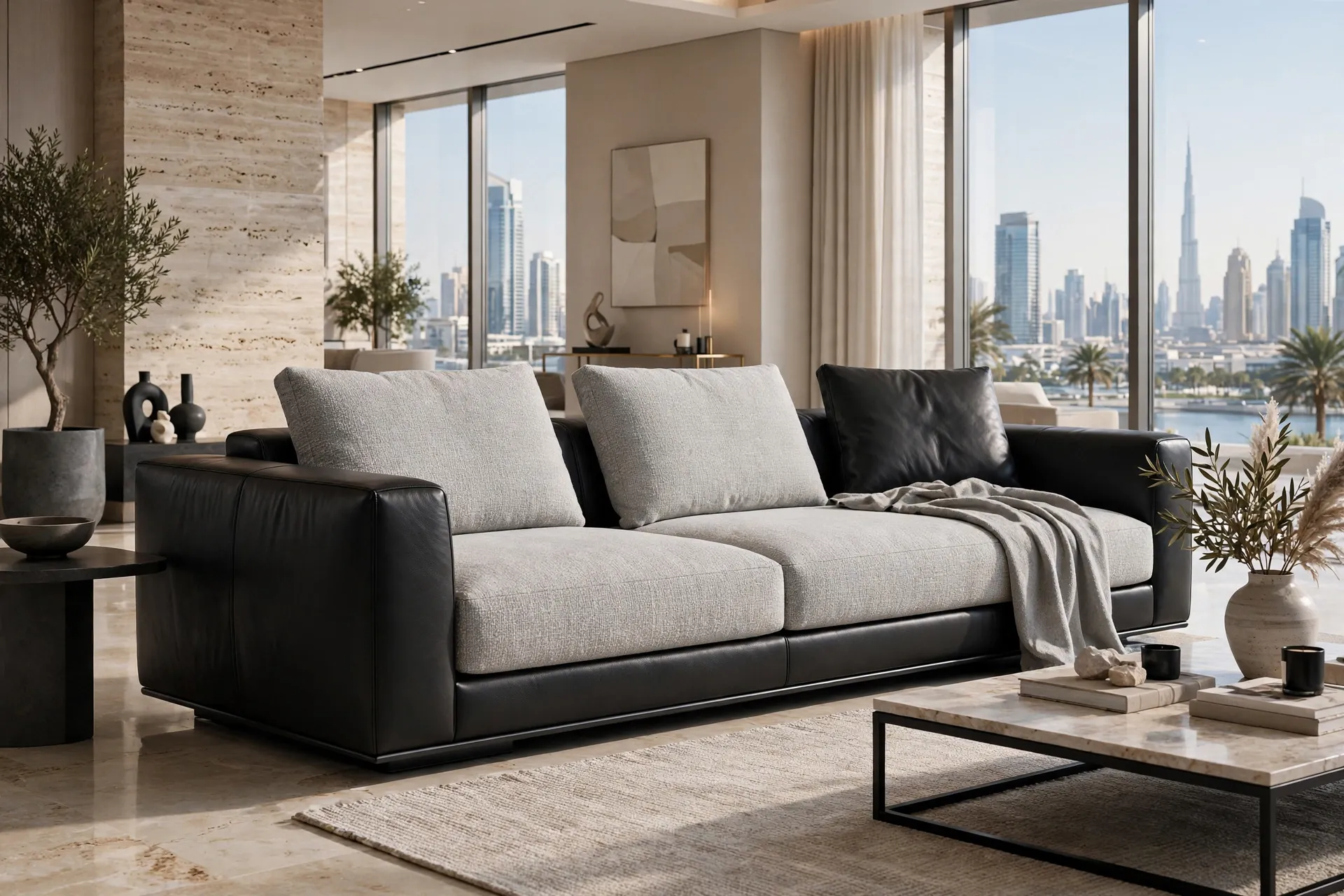 Textile + Leather Modern Black Leather + Light Grey Textile Mix Low Profile Till Down No Wood Legs