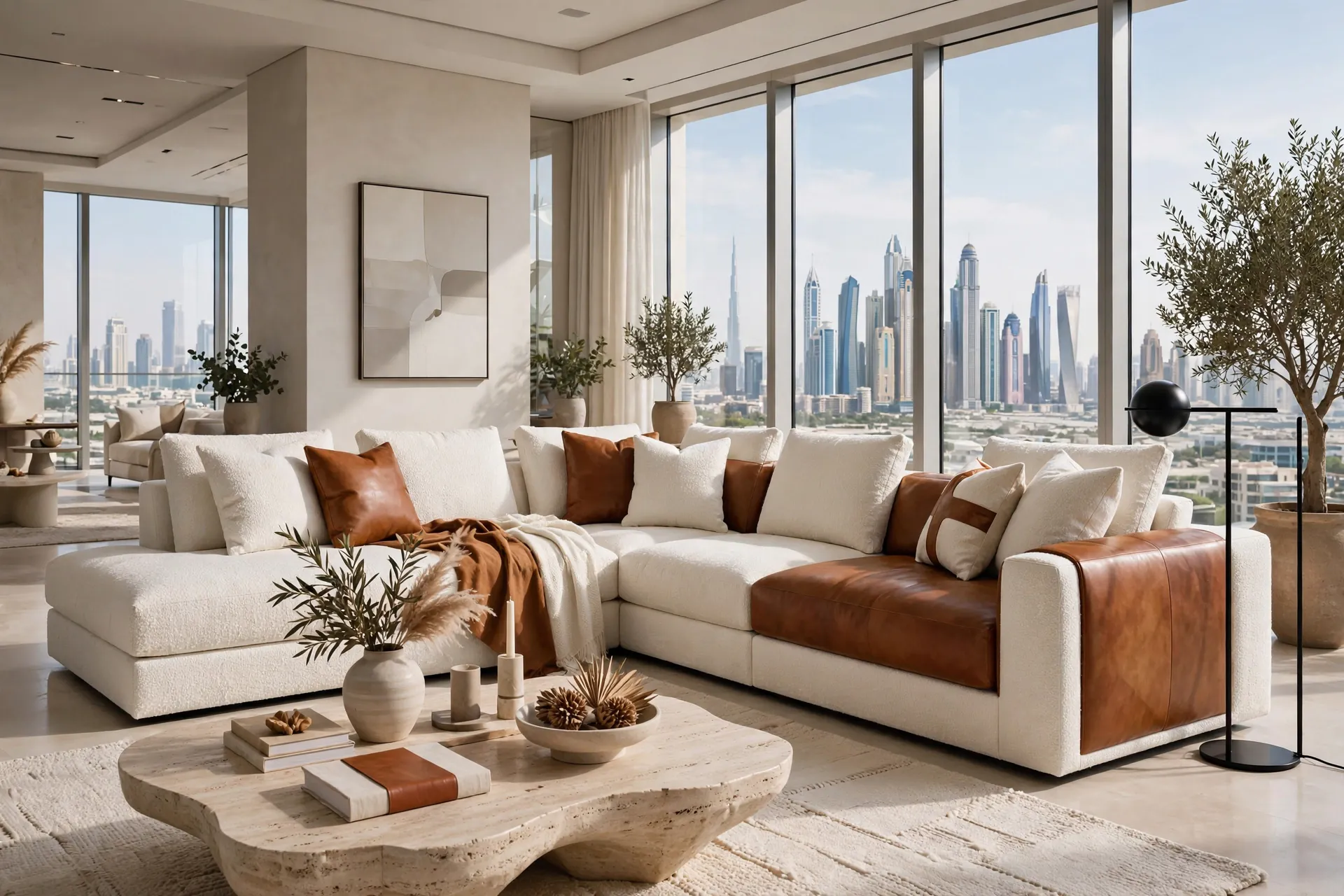 Textile + Leather Modern Off-White Textile + Cognac Leather Mix L-Shape Sectional Till Down No Wood Legs Hidden Base