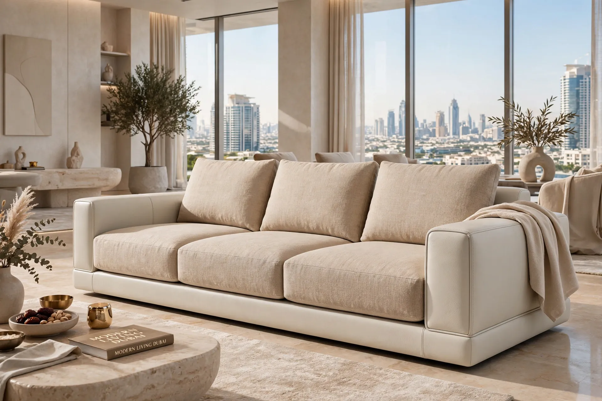Textile + Leather Modern Milk White Bouclé + Tan Leather Mix Low Profile Till Down No Wood Legs