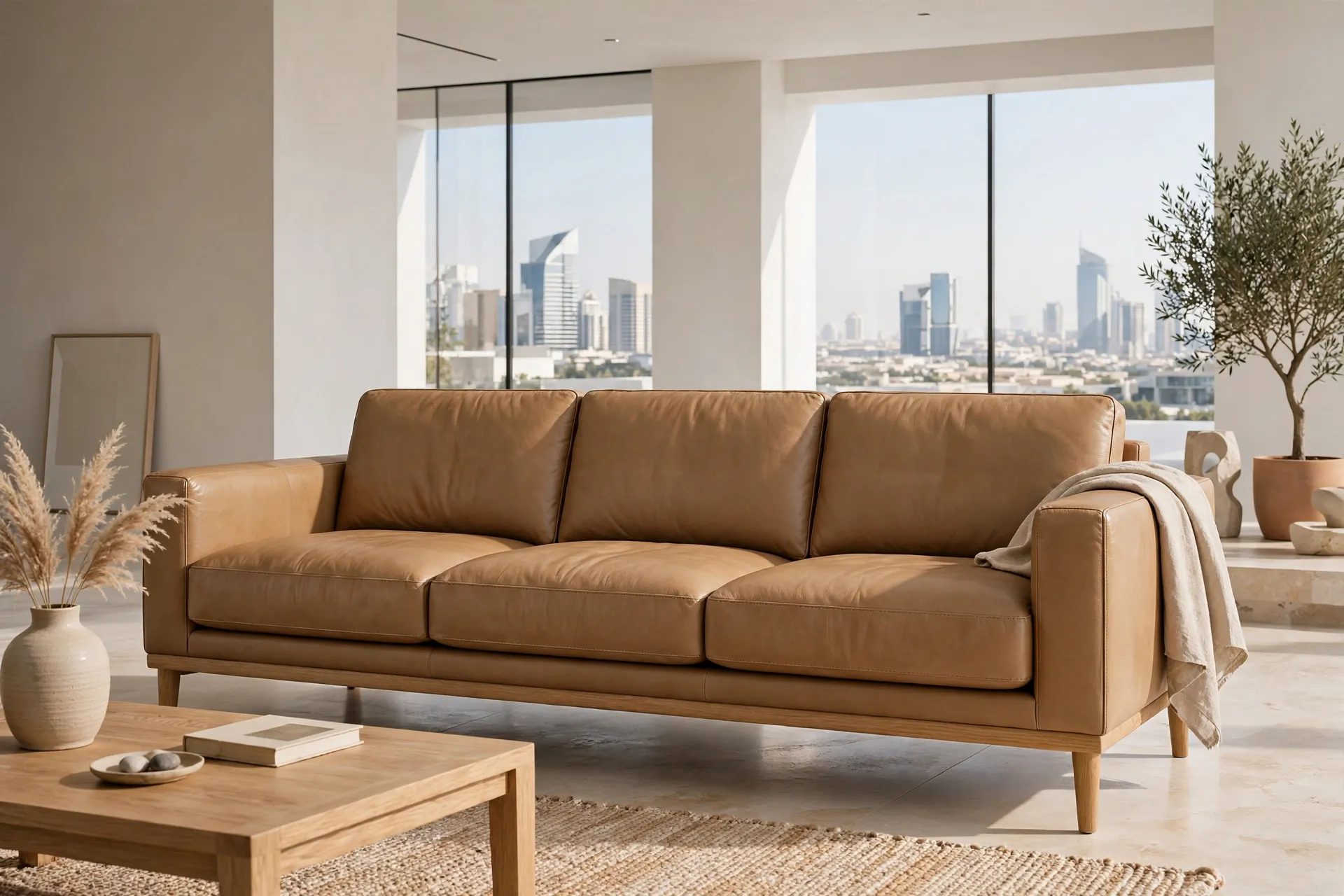 Textile + Leather Modern Warm Greige Textile + Black Leather Accents Till Down No Wood Legs Hidden Base