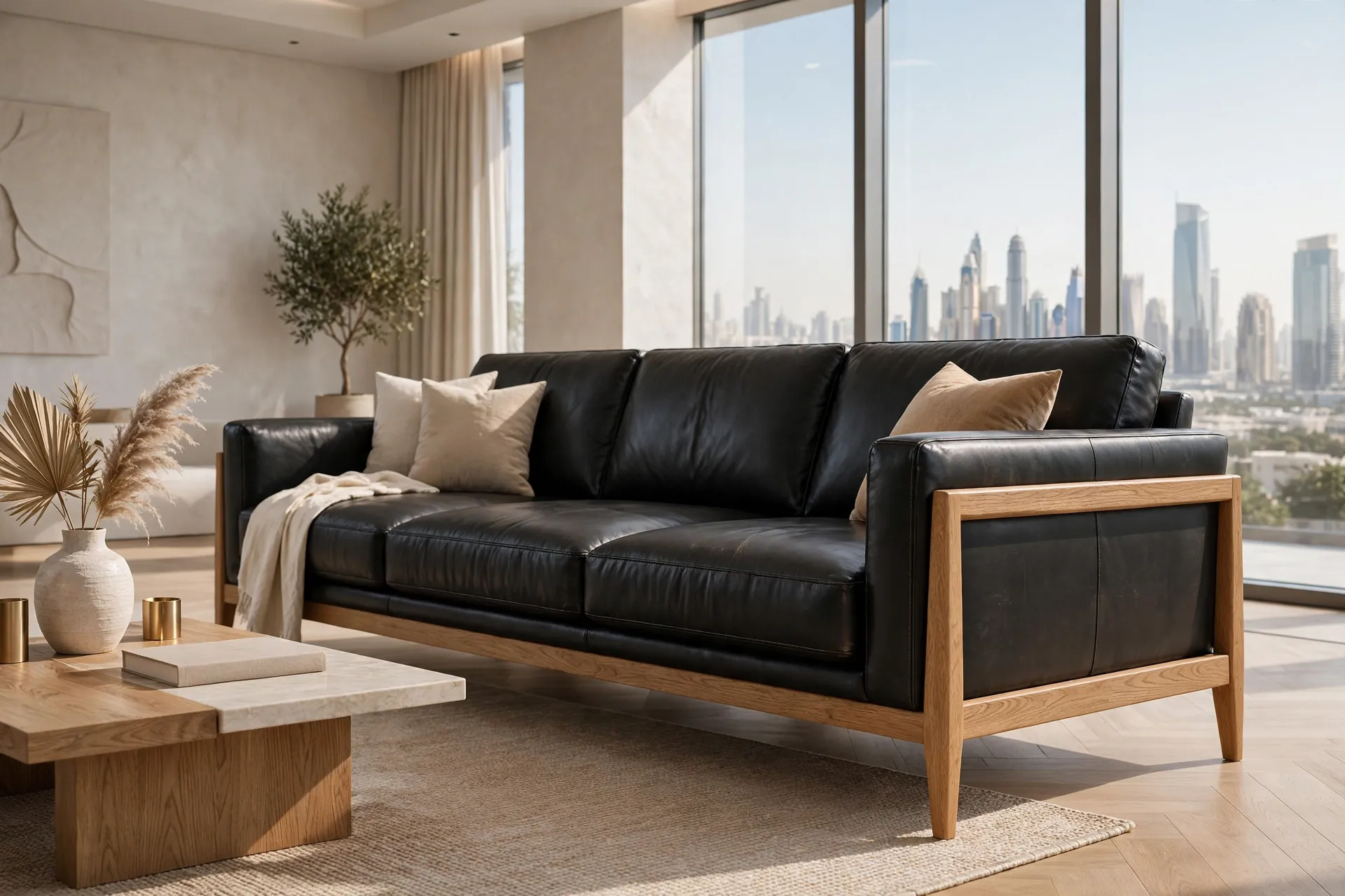 Textile + Leather Modern Beige Linen + Off-White Leather Mix Low Profile Base Till Down No Wood Legs