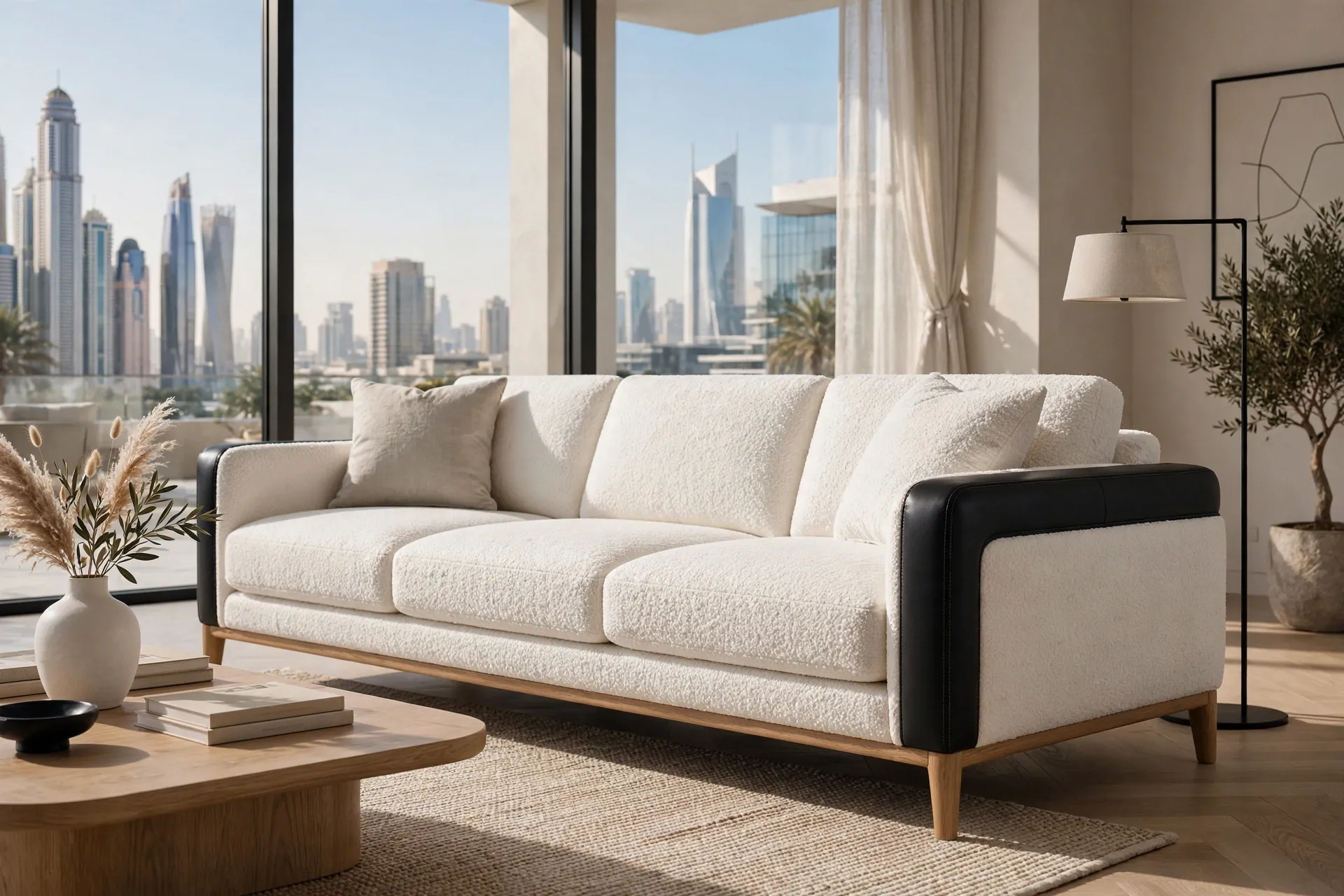 Simple All Kinds Milk White Bouclé 3-Seater Simple Wood Legs Simple