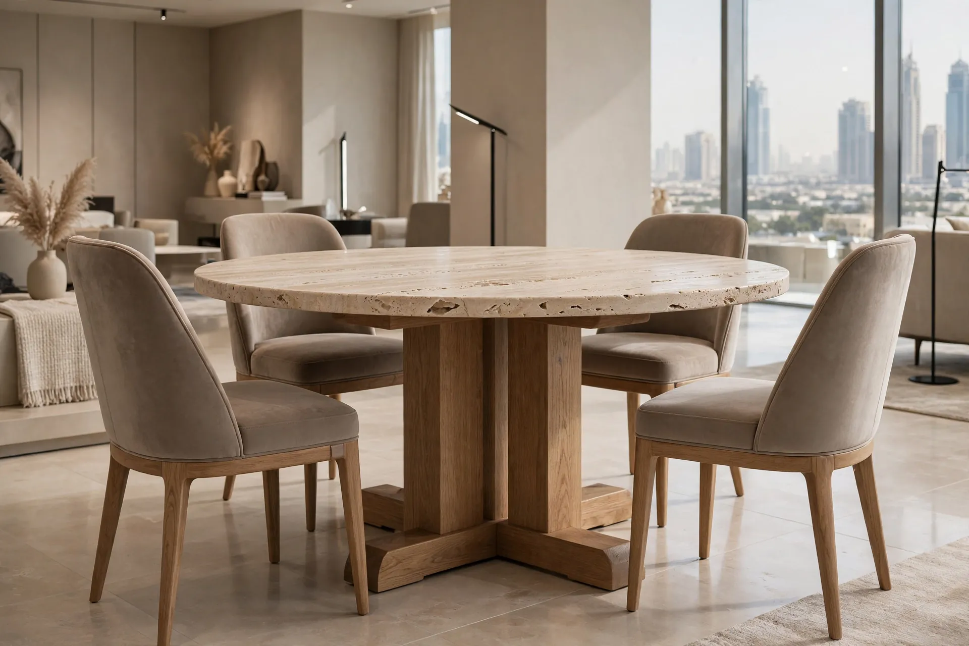 REALISTIC LEGS Round Travertine Simple Pedestal Thick Oak