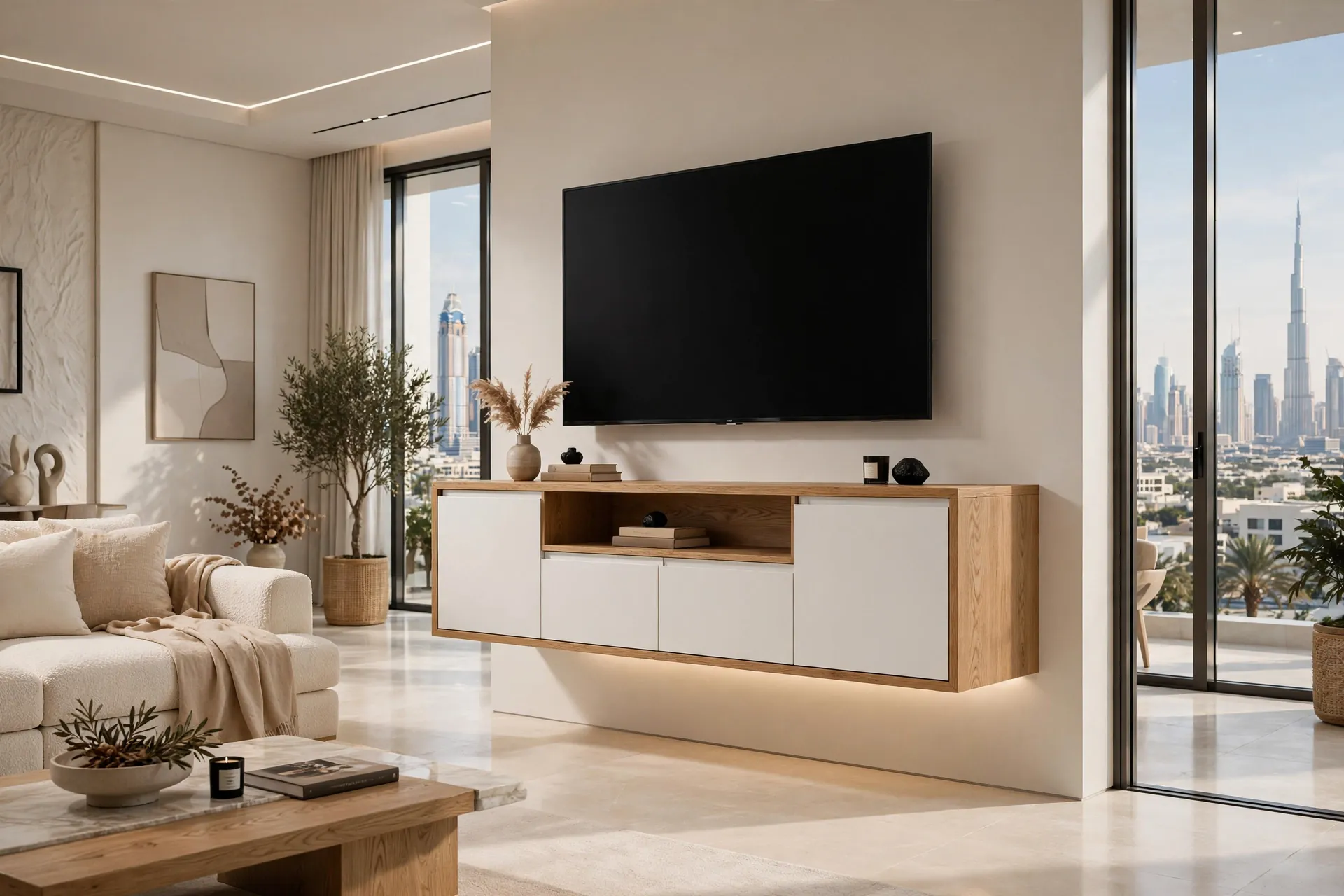 FLOATING Hall Commode Wall Mounted Beige Travertine Top + Natural Oak Drawers 180cm