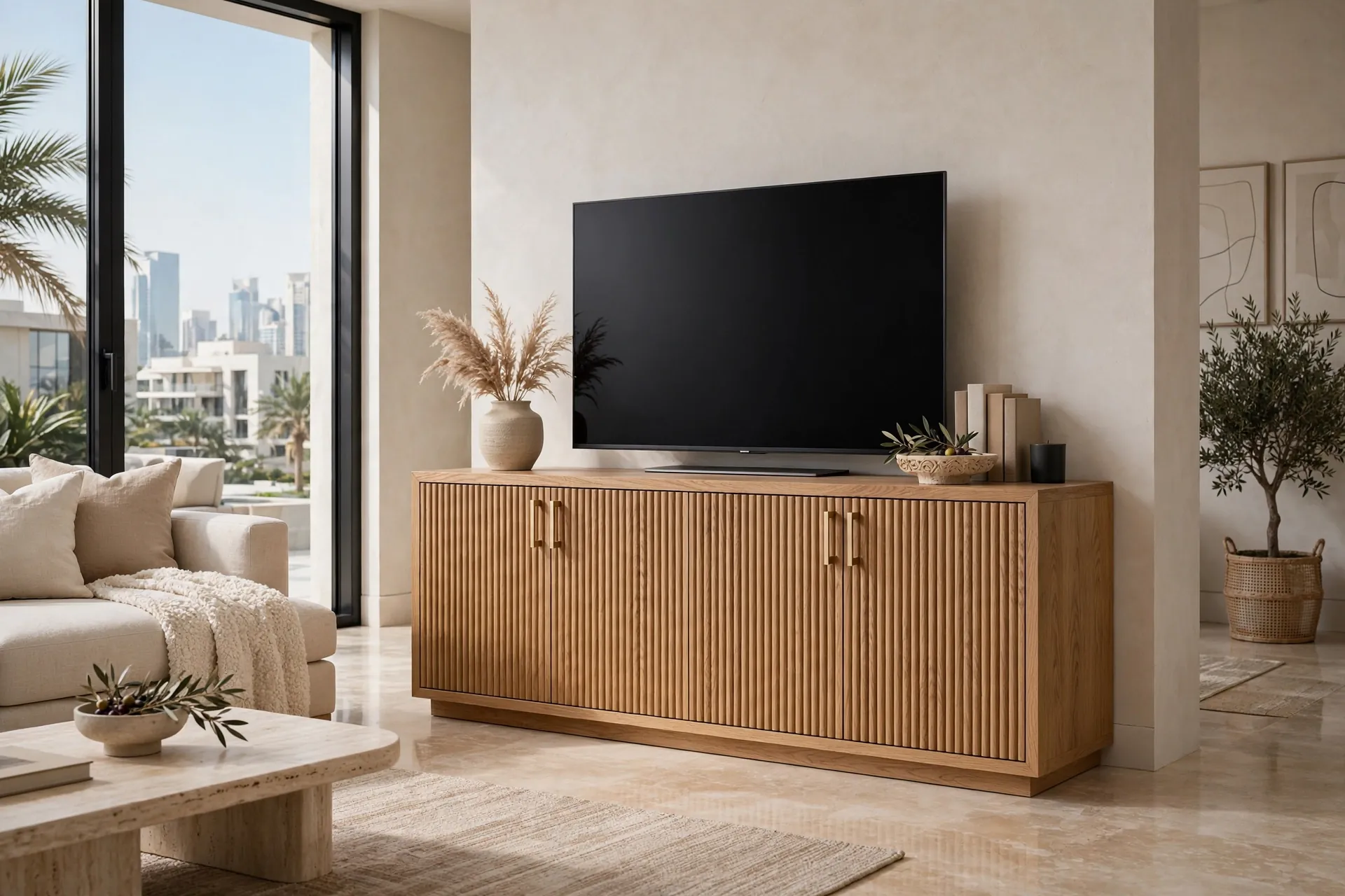 FLOOR STANDING TV Commode Natural Oak Fluted Doors 240cm