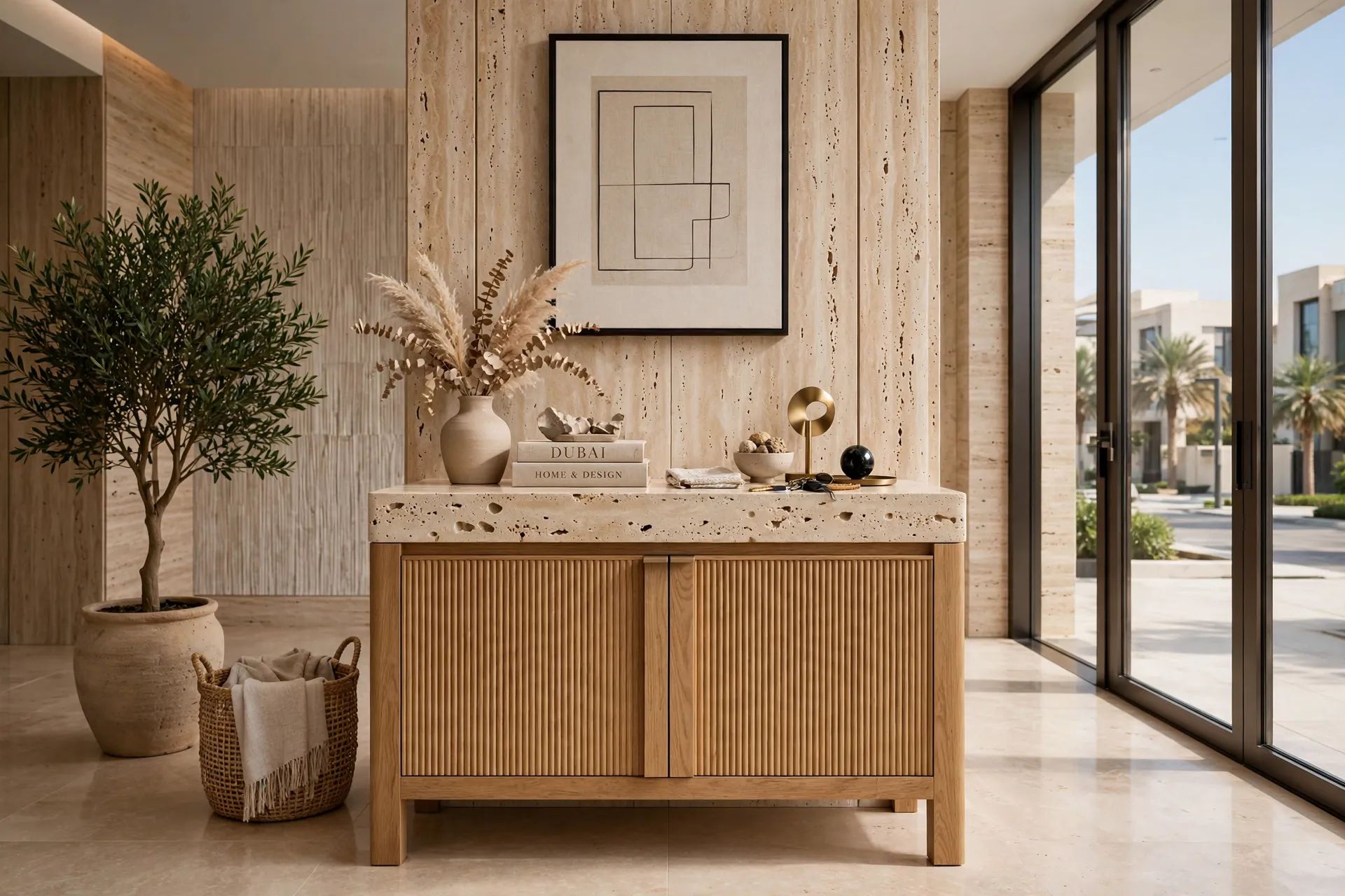 FLOOR STANDING Hall Commode Travertine Marble Top + Natural Oak 160cm