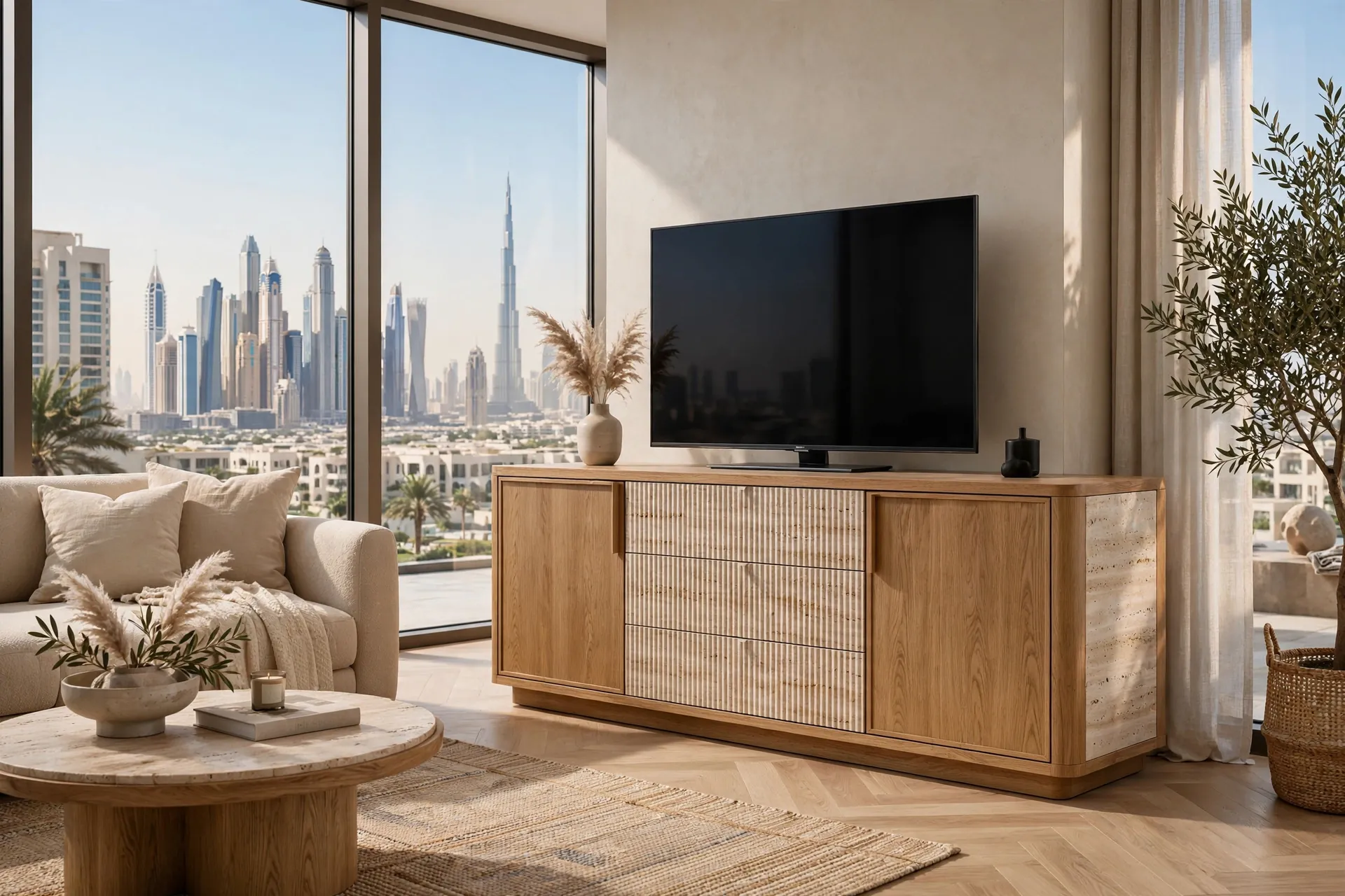 FLOATING TV Commode Wall Mounted Natural Oak Fluted Front 240cm LED Light