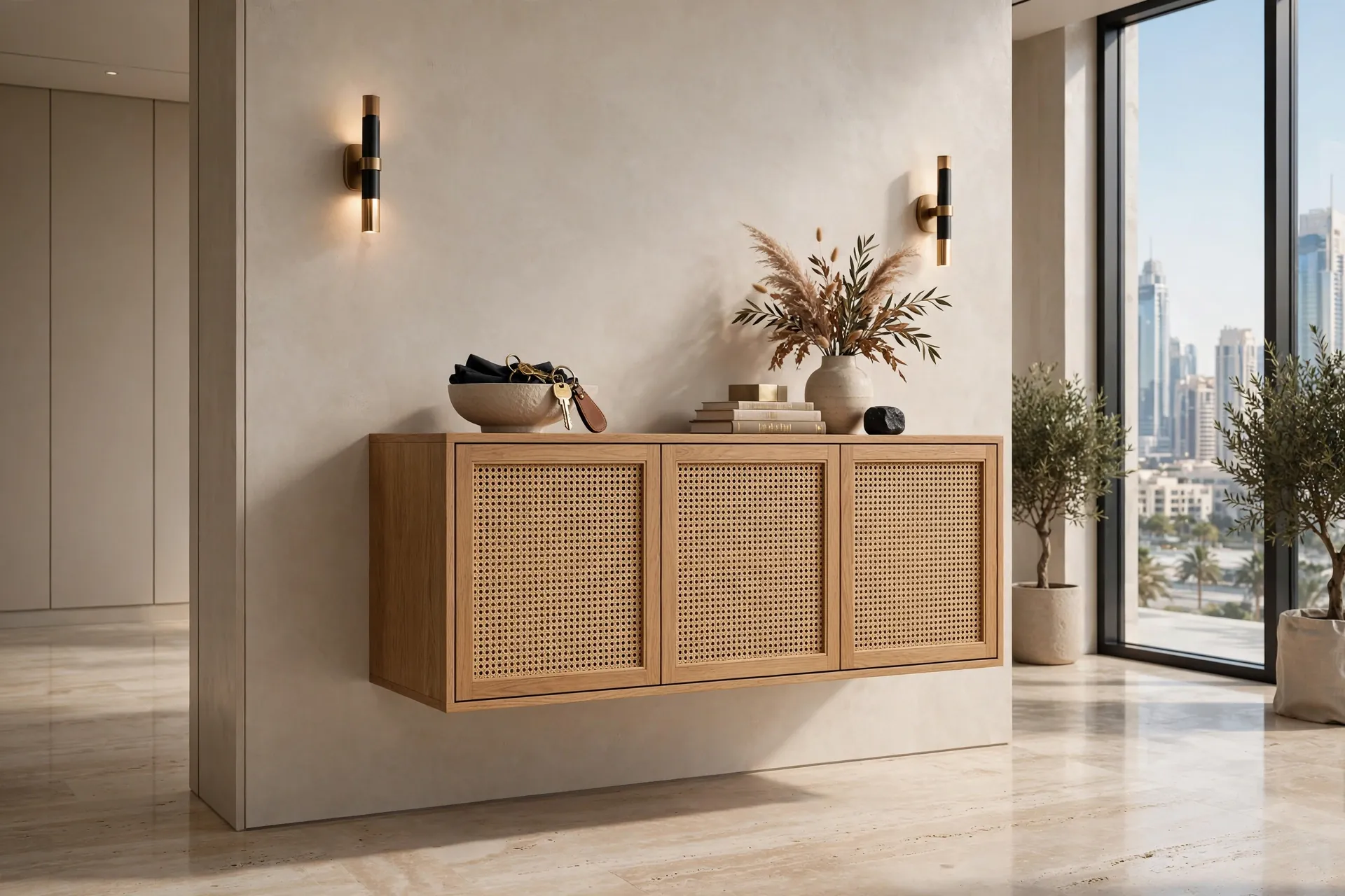 FLOATING Hall Commode Wall Mounted Natural Oak Cane Front 160cm