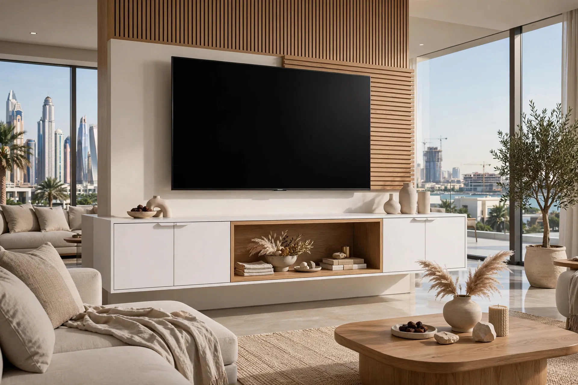 FLOATING TV Furniture Wall Mounted White + Natural Oak Open Shelf 220cm