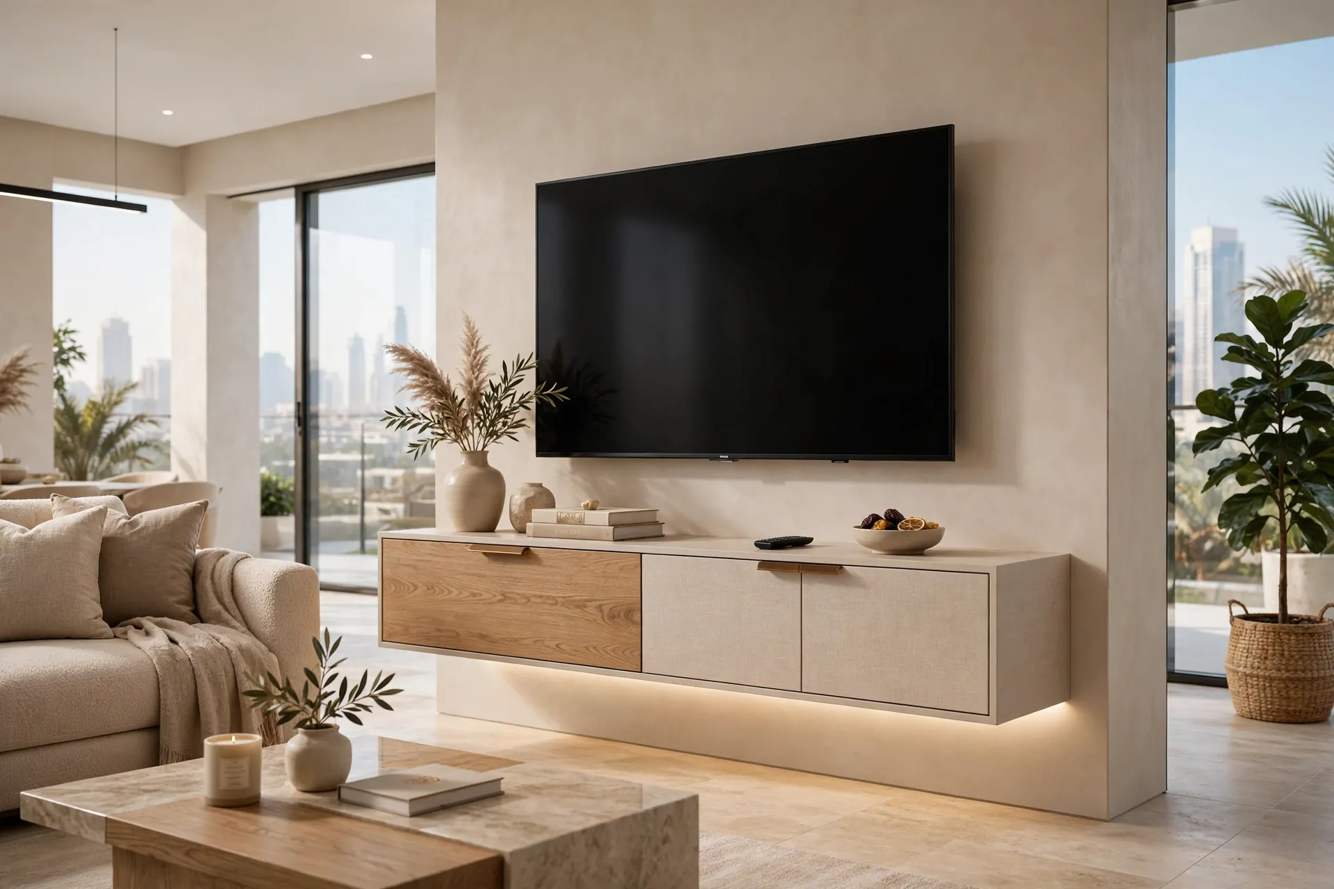 FLOATING TV Unit Wall Mounted Beige + Natural Oak 240cm LED Strip